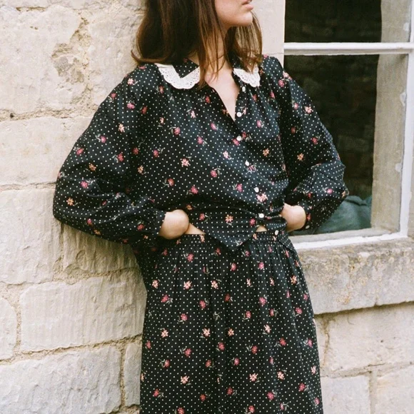 Christy Dawn Black Floral Polka Dot Blouse with Lace Collar