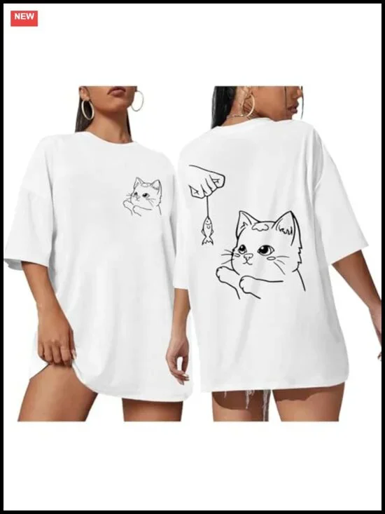 Oversized Kawaii Cat Graphic Tee Women Crew Neck Casual Summer Top Cotton Blend