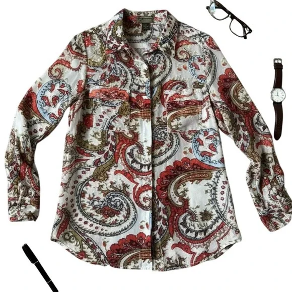 2Oh Threads Paisley‎ Print Button Down Blouse Silk Blend Velvet burnout STUNNING