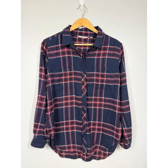 Athleta Flannel Top Women's Medium Navy Red Plaid Long‎ Sleeve Lumberjill