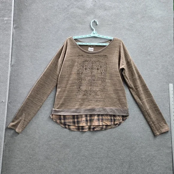 Miss Me‎ Women Sweatshirt XL Brown Plaid Floral Medallion Layered Look Grunge