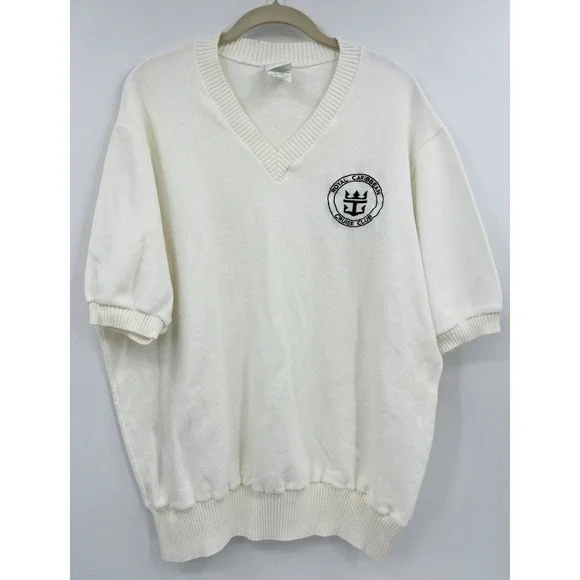Vintage Royal Caribbean Cruise Club Sweater Short Sleeve V-Neck XL Cotton USA