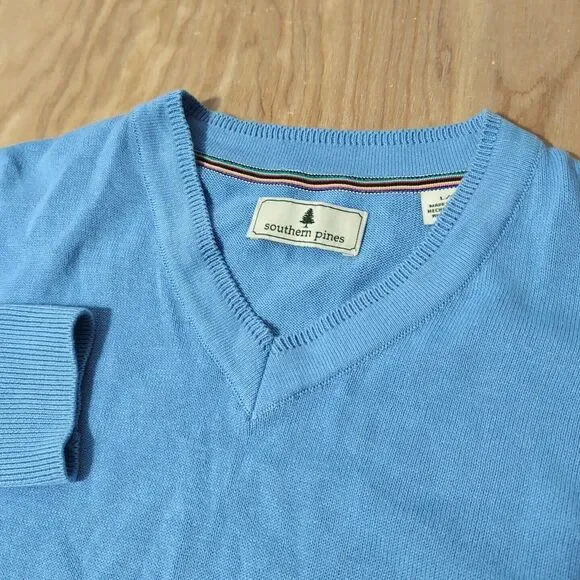 Southern Pines Sweater‎ Vest Mens L Blue V-Neck Long Sleeve Pullover Cotton