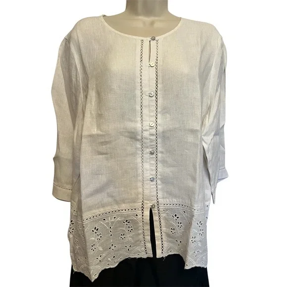 J. Jill Love Linen White Eyelet Embroidered Button Front Top‎ Large Petite LP