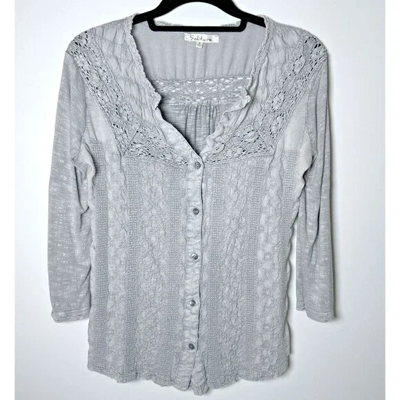 Solitaire Blouse Small Gray Crochet Lace‎ Embroidered Rayon Boho Peasant Top