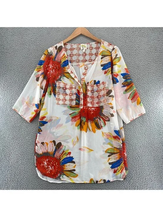 Fig & Flower Top Womens 1X Plus White Multi Floral Tunic 3/4 Sleeve 1/4 Button