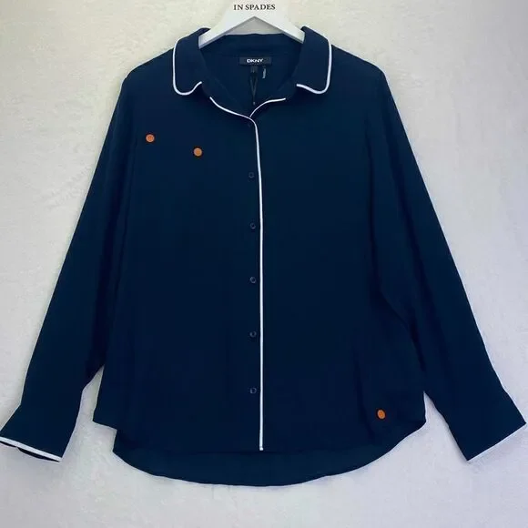 DKNY in Navy Blue blouse with white piping