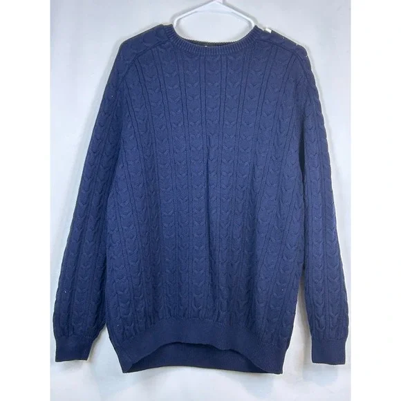 Mens Navy Blue Cable Knit Crew Neck Sweater Long Sleeve Textured Pullover