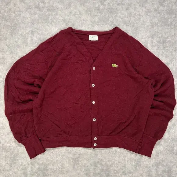 Vintage 1980s IZOD Lacoste Cardigan Sweater Burgundy 100% Orlon Acrylic USA Made