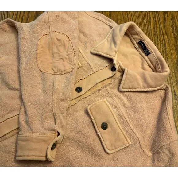 Black Tape‎ Button Up Womens Size P/L Beige Chambray Shacket Elbow Patches