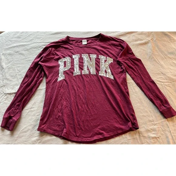 Victoria's Secret PINK Sequin‎ Logo Long Sleeve Campus Tee Maroon Burgundy Large