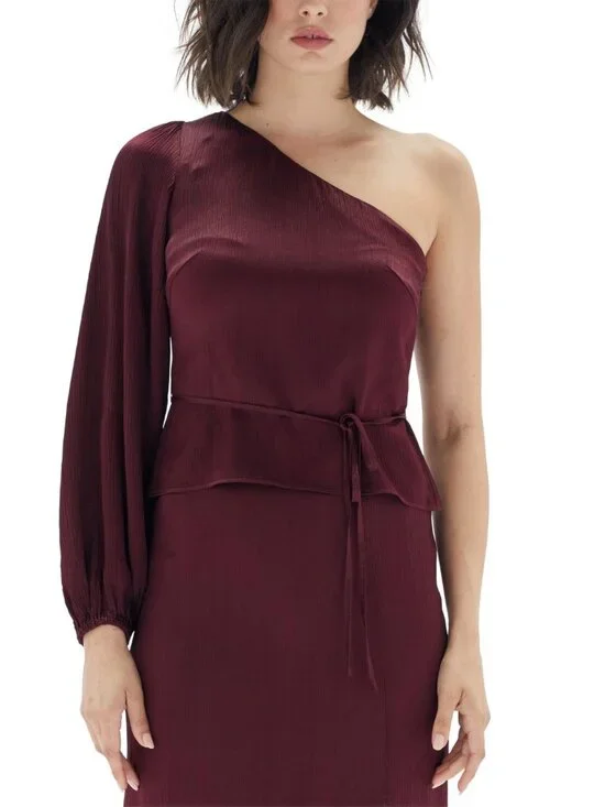 MINKPINK Womens One-Shoulder Peplum Top Color Wine