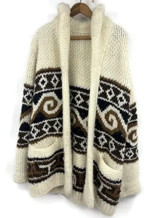 VTG Hand Knit Cowichan Style Cardigan Sweater Mens XXL? Shawl Collar Pockets