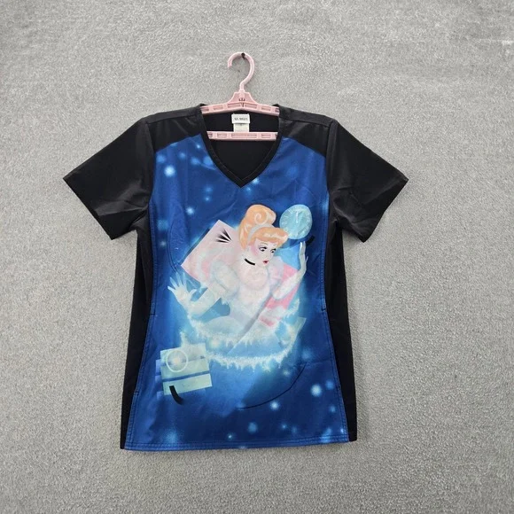 Disney Women Scrub Top S Black Graphic Print‎ Cinderella TF637 Activewear