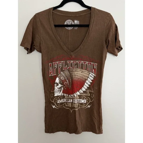 Y2K Affliction American Customs Motorcycle Distressed Shirt Brown Women's Size S