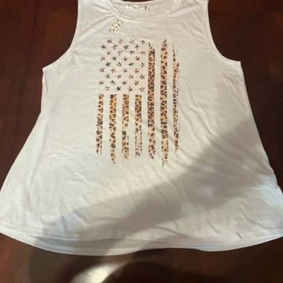 Phil Love Womens Sleeveless Leopard‎ American Fla gwhite Tank Top - Medium