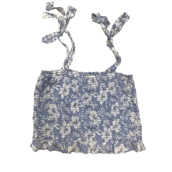 American Eagle Smocked Floral‎ Crop Top Blue White Size Medium