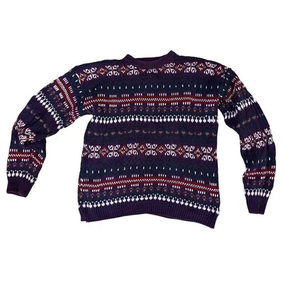 Vintage Eddie Bauer Fair Isle Sweater L Chunky Knit Cozy 100% Cotton Prince USA