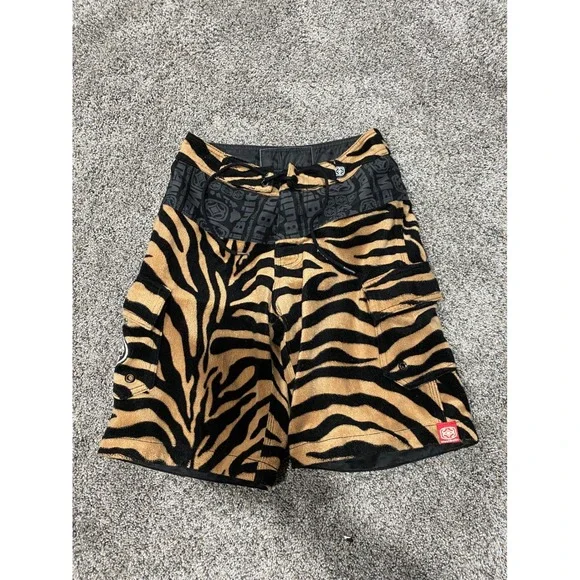 Maui Built Tiger Print Fleece Board Shorts Mens 24 Brown Black Skull Cargo Surf