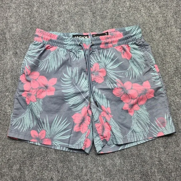 Jacks Supply Co Men's Large Swim Trunks Grey‎ Pink Floral Tropical Shorts 6in