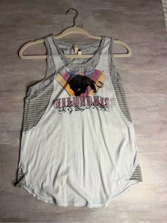 We The Free Light Blue 'Wilderness' Graphic Lace-Trim Tank