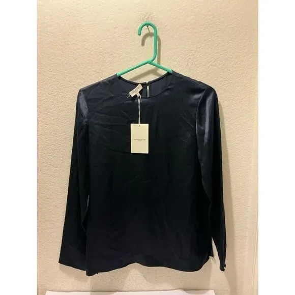 NWT Lafayette 148 New York Navy Long-Sleeve Satin Top $498
