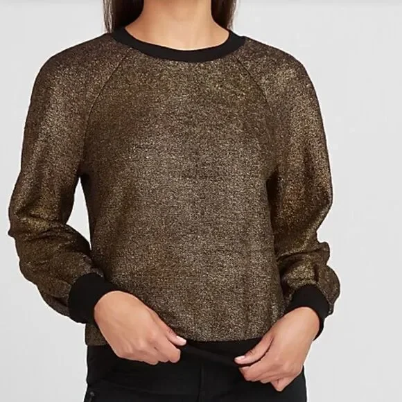 Express Metallic Gold Balloon Sleeve Crew Neck Sweatshirt