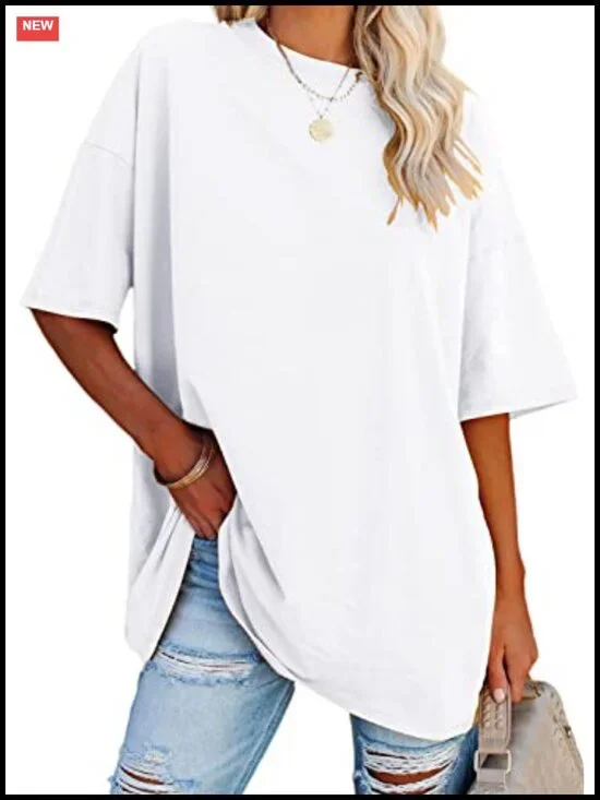 Womens Oversized Cotton Blend Graphic T-Shirt Loose Fit Casual Crewneck Short