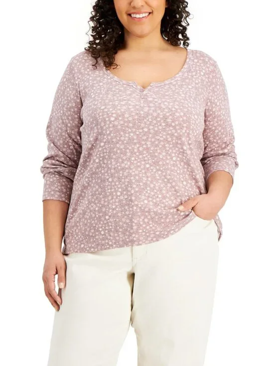 Hippie Rose Womens Trendy Plus Size Printed Henley Neck Top