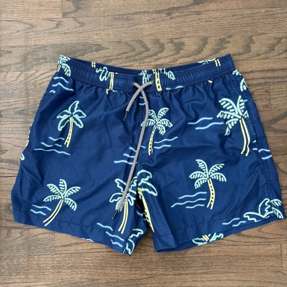 Men's Navy Palm Print Swim Trunks