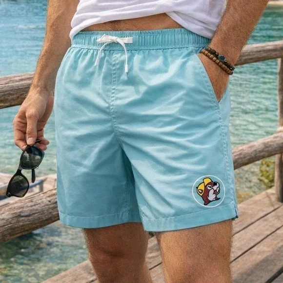 Buc-ee's Funky Aqua Swim Trunks Beaver Logo‎ Coastal Lake Beach 6.5