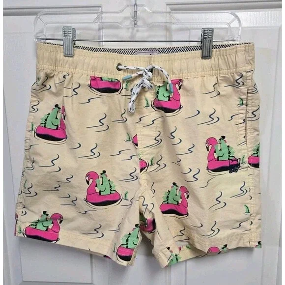 Party Pants River Dino Men's Swim Trunks Board Shorts Yellow Flamingo Small