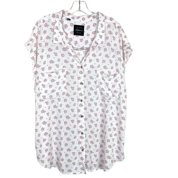 Jachs Girlfriend Button Up Blouse Size XXL White Pink Floral Retro Cuff Sleeve