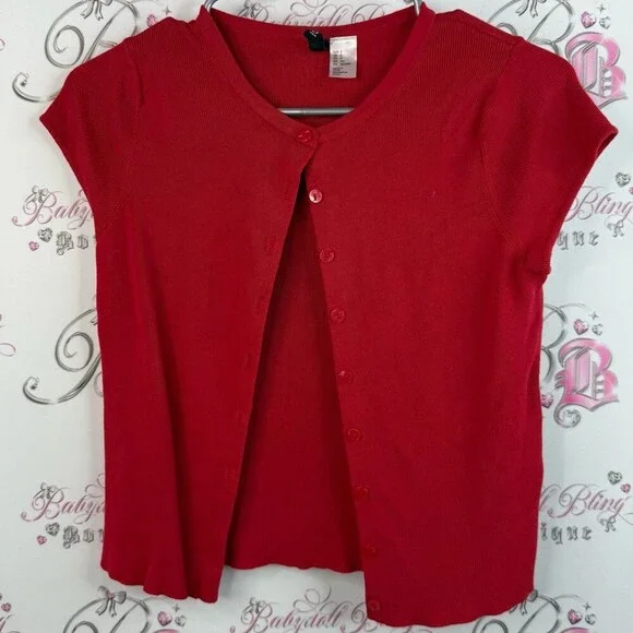 Divided cardigan, T-shirt, bright Red Short Sleeve Button Down Shirt
