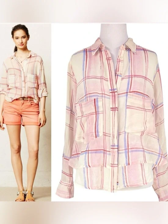 ANTHROPOLOGIE/HOLDING HORSES Pink Plaid Button-Down Shirt with Periwinkle Accent