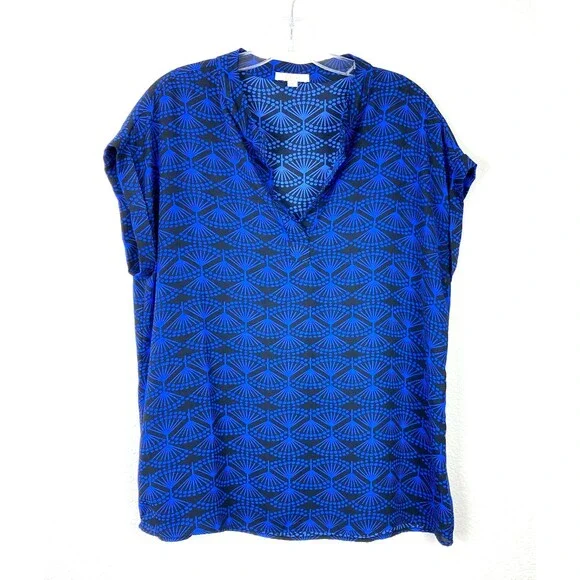 Pleione Women's V-Neck Blouse Size M Blue Black Cap Sleeve Office Business