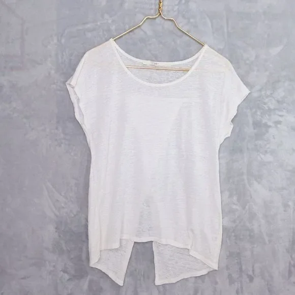 GIBSON Sheer White Linen Tee Size S Split-Back Beachy Lightweight Dolman Scoop