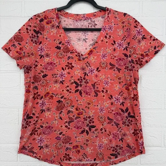 LOFT Floral V-Neck Tee Women Large Coral Pink Short Sleeve Slub Knit Top