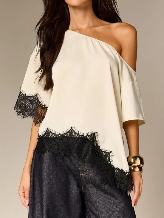 Multicolor Elegant Women's Off-Shoulder Asymmetric Lace Trim Blouse
