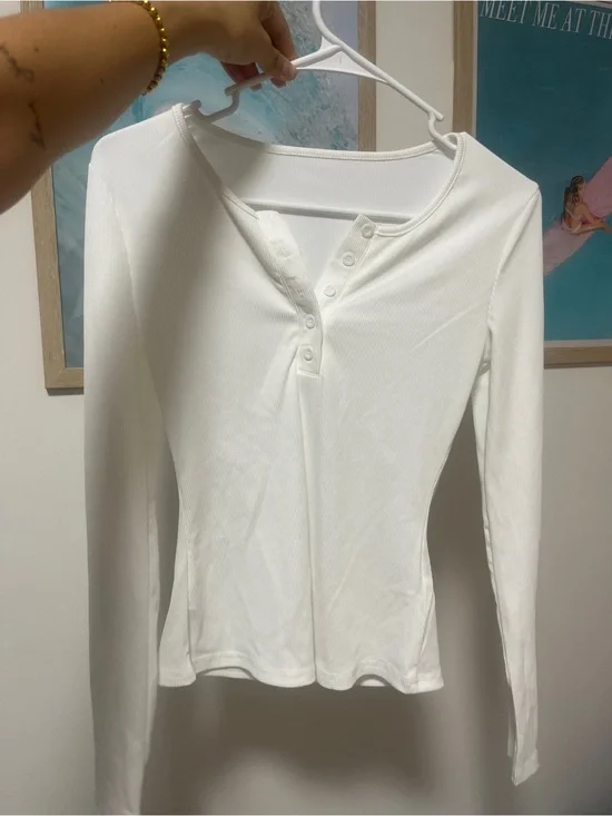 White Ribbed Long-Sleeve Henley Top