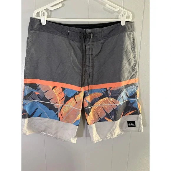Quiksilver Board Shorts Mens 36 Grey Orange Tropical Leaf Print Swim Trunks EUC