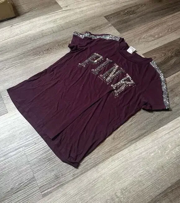 Victoria's Secret PINK Maroon Sequin Logo and Shoulder Stripe T-Shirt