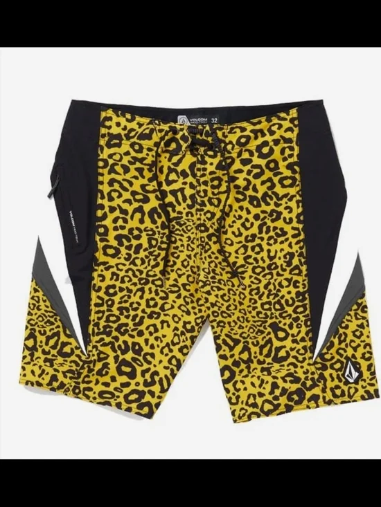 Volcom Men’s Yellow Leopard Print Boardshorts with Black Panels