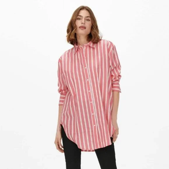NWT New Zara Red White Striped Cotton Blend Shirt Size S