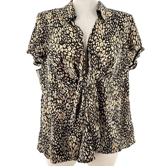 Lane Bryant womens top size 22-24 brown leopard print knotted neck career