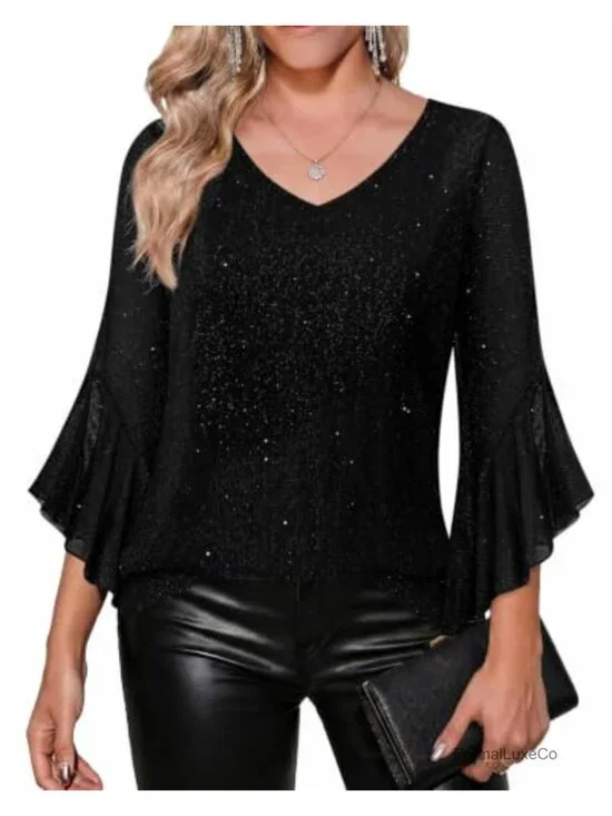 Zeagoo Women's 3/4 Sleeve Sequin V-Neck Blouse Double Layer Mesh Tunic Party Top
