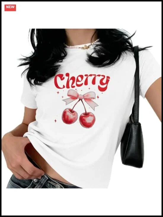 Cherry Graphic Crop Top Women Bow Sequin Tee Aesthetic Summer