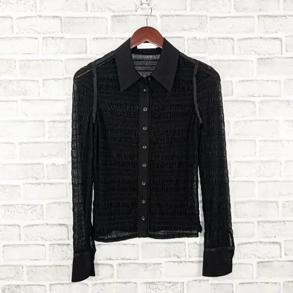 Jonathan Simkhai Black Sheer Ruched Button-Up Blouse