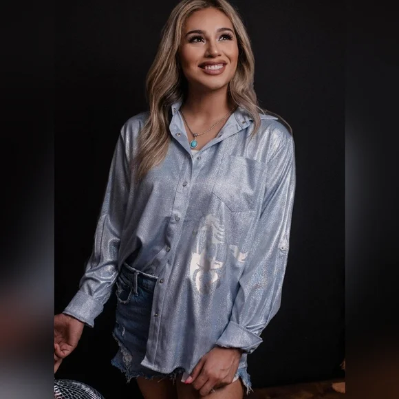 NWT Blue Wild Horses Pearl Snap Gold Foil Button Down Shirt
