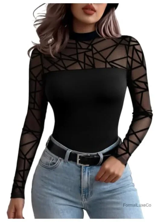 Women's Long Sleeve Sheer Lace Mesh Top, Crew Neck Blouse, Business Casual
